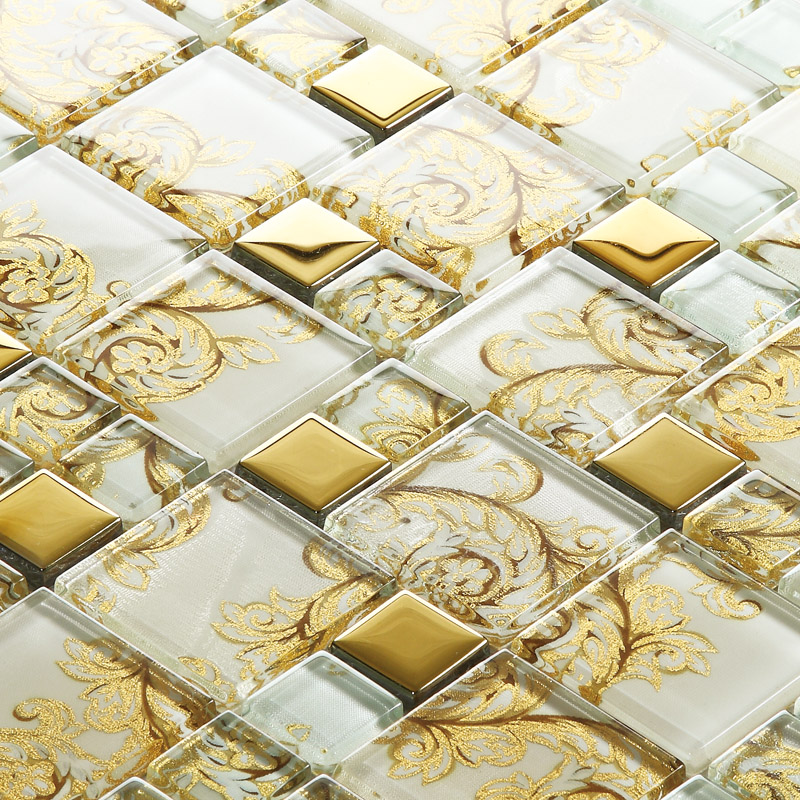 Ivory gold backsplash tile diamond glass mosaic for bathroom and kitchen